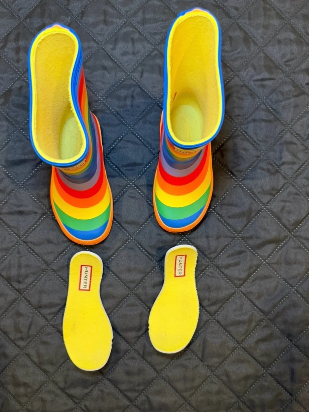Hunter Kids Rainbow Striped Rain Boots with Yellow Lining